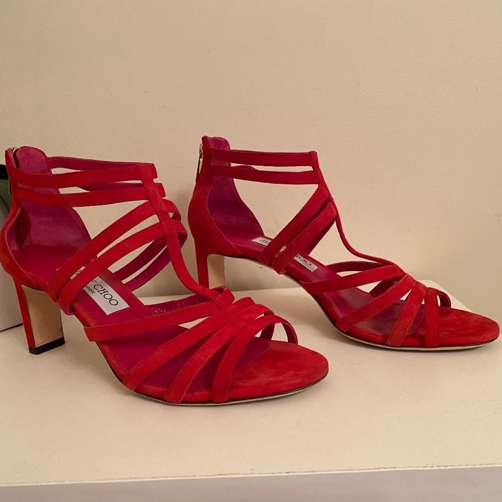 EUC JIMMY CHOO Red Suede Sandals IT 38 Fits like US 7 - Picture 2 of 11